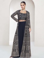 Navy Blue Real Georgette Shrug Style Plazzo With Choli